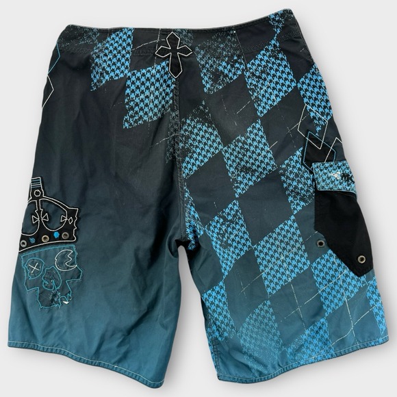 Micros Board Shorts Mens 32 Blue Checkered Skulls Crown Embroidered Swim Trunks - Picture 2 of 7